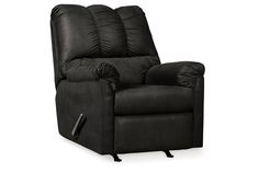 the reclining chair is black and has a remote control on it's arm