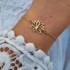 "Dainty Lotus Flower Bracelet , Dainty Yoga Jewelry, College Student Gift, Flower Girl Proposal, Homemade Christmas Gift, Encouragement Quote, Rose Gold, Gold or Sterling Silver Bracelet, Lotus Bracelet, Dainty Bracelet, Blooming Flower Mother's Day Gift, Bridesmaid Bracelet, Gifts for Her, Best Friend Gifts Birthday ♥ This dainty lotus flower bracelet is simple and classy. It will be your everyday, go to bracelet. ♥ Delicate. Cute. Elegant. Feminine. Romantic. Modern. Minimalist. Perfect for al Lotus Flower Bracelet, Delicate Gold Bracelet Classy, Gold Flower-shaped Bracelets For Party, Spiritual Flower-shaped Bracelets For Gift, Spiritual Flower Bracelets For Gifts, Spiritual Flower-shaped Bracelets As Gifts, Dainty Flower Bracelets For Party, Flower Charm Bracelet For Birthday, Rose Gold Bracelet With Flower Charm As Gift