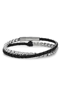 Braided leather and stainless steel chain intersect across the wrist on a double-wrap bracelet handcrafted in the USA. 1/8" width; 16" length Clasp closure Stainless steel/leather Made in the USA Modern Adjustable Double Band Bracelets, Adjustable Modern Gunmetal Jewelry, Modern Adjustable Gunmetal Jewelry, Everyday Double Band Metal Bracelets, Everyday Stainless Steel Bracelet With Leather Strap, Adjustable Double Chain Bracelet For Everyday, Modern Stainless Steel Leather Bracelet For Formal Occasions, Modern Stainless Steel Double Band Bracelets, Modern Leather Braided Bracelet With Stainless Steel Clasp