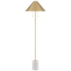 a floor lamp with a marble base and a gold shade on the top of it