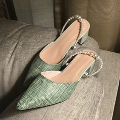 Gorgeous Brand New In Now, Sage / Jade / Mint Green Woven Mule Pumps, Short Heels. Pearl Ankle Detail, Super Posh Old Money Style. Perfect For Tea Time & Satin Dress. Size 39 Women’s / Size 8 Us Women’s Summer Closed Toe Synthetic Kitten Heels, Green Closed Toe Slingback Pumps For Summer, Synthetic Closed-toe Kitten Heels For Spring, Spring Synthetic Closed-toe Kitten Heels, Spring Synthetic Kitten Heels With Closed Toe, Green Pointed Toe Slingback Pumps For Summer, Green High Heel Slingback Pumps For Spring, Green High Heel Slingback Pumps For Summer, Green Closed Toe Slingback Pumps For Spring