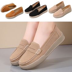 Ladies Non-Slip Comfort Flats Women Walking Faux Suede Slip On Loafers Round Toe     Description:   Gender: Women, Woman, Ladies, Lady, Female   Style: Loafers, Flats, Casual Shoes, Slip On Shoes, Moccasins   Pattern Type: Solid Color   Color: apricot, brown, black (Optional)   Size: US 4.5, US 5, US 5.5, US 6, US 7, US 7.5, US 8 (Follow the size chart to select please)   Upper Material: Faux Suede   Outsole Material: TPR   Heel Type: Flat   Closure: Slip On   Toe Type: Round Toe   Tube Height: Low Top   Season: Spring, Summer, Fall, Winter   Occasions: Casual, Daily, Indoor, Outdoor, Holiday, Work, Party   Features:   1. Comfortable faux suede material, the simple and generous plain upper shows the texture of the shoes. 2. Classic loafers with exquisite detailed stitching, fashion round t Comfortable Work Shoes, Shoe Pattern, Slip On Loafers, Platform Loafers, Casual Loafers, Comfortable Flats, Suede Material, Womens Wedges, Womens Clothing Sizes