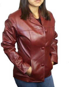 Buttons closure jacket Notch collar two front side pockets polyester lining top grain lamb leather Solid Leather Jacket With Snap Buttons For Fall, Classic Red Leather Jacket With Button Closure, Classic Burgundy Leather Jacket With Long Sleeves, Classic Burgundy Leather Jacket For Fall, Collared Faux Leather Jacket With Pockets, Classic Faux Leather Outerwear With Buttons, Classic Burgundy Leather Outerwear, Classic Leather Outerwear With Faux Front Pockets, Classic Faux Leather Single Breasted Outerwear