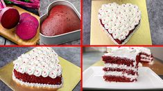 red velvet cake with white frosting and heart shaped decoration on top, next to other cakes