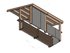 a wooden structure with metal slats on the top and bottom floor, in front of a white background