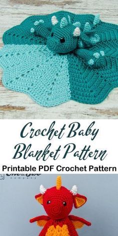 the crochet baby blanket pattern is shown in two different colors and has an elephant on it