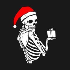 a skeleton in a santa hat holding a present