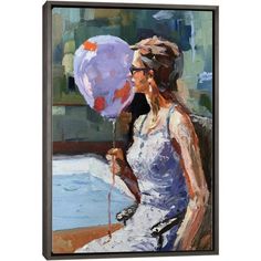 an oil painting of a woman holding a purple balloon in front of her face and looking out the window