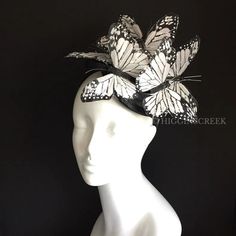 Butterfly Headpiece, White Monarch Butterfly Theme, Derby Fascinator Hat, Black and White Monarch Headpiece, Women Fascinators - Etsy Whimsical White Headband Headpiece, Whimsical White Headband, Whimsical White Headband For Spring, Whimsical White Summer Headband, Whimsical White Spring Headband, White Structured Crown Headpiece For Evening, White Fitted Headband For Races, White Evening Headpiece With Structured Crown, White Adjustable Headpiece With Structured Crown