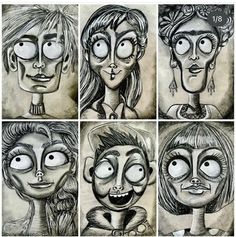 six different faces drawn in pencil on paper