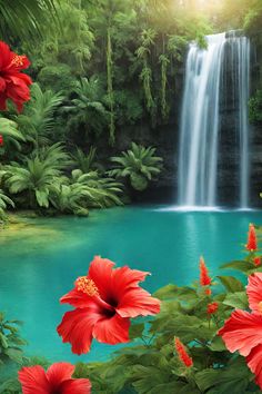 a waterfall with red flowers in the foreground and green foliage on the other side