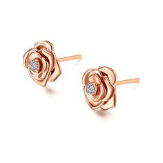 Represents fragility and the beauty of life, this minimalist style combines the classic floral character and a minimalism design together. It will give you a luxe look that will take you from the office to a special event in great style. Material: 14k solid rose gold Dimension: 8mm Diamond: (2pcs) 2 mm, 0.07cttw, Color I-J, Clarity SI1-SI2 Weight: 1.45 gram Formal Rose Gold Earrings With Rose Design, Formal Rose Earrings With Rose Design, Formal Rose-design Rose Earrings, Rose Flower-shaped Elegant Earrings, Elegant Rose Flower-shaped Earrings, Rose Gold 14k Flower Earrings For Wedding, Elegant Rose Sterling Silver Earrings, Elegant Rose Colored Sterling Silver Earrings, Luxury Rose Gold Flower Earrings For Gift