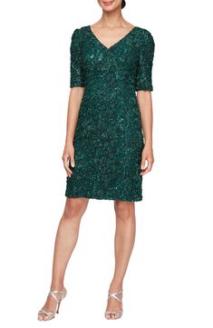 Make a lovely entrance in this sheath dress showcasing beautiful soutache-embellished fabric that's flecked with shimmering sequins. 36" length (size 8) Hidden back-zip closure V-neck Elbow-length sleeves Partially lined 100% nylon Hand wash, line dry Imported Alex Evenings, Elbow Sleeve, Wedding Guests, Party Guests, Elbow Length Sleeve, Types Of Dresses, Nordstrom Dresses, Mother Of The Bride Dresses, Lace Fabric