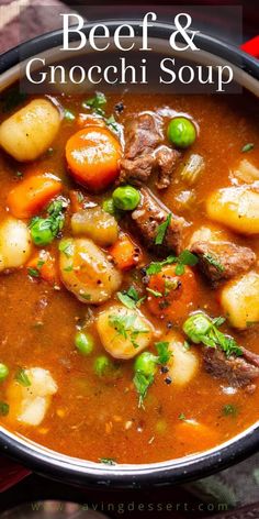 beef and gnocchi soup in a bowl