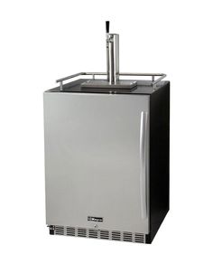 a silver and black beverage dispenser on a white background