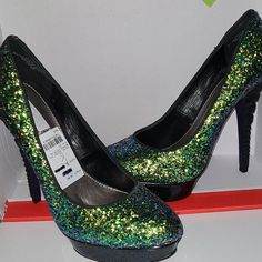 Green Multi Glitter Never Worn Glitter Heels With Round Toe In Synthetic, Formal Synthetic Heels With Sequins, Formal Synthetic Sequined Heels, Formal Sequin Synthetic Heels, Glitter Accents Round Toe Heels For Party Season, Holiday Sequined Heels With Round Toe, Holiday Sequined Round Toe Heels, Shimmer Round Toe Heels For Party Season, Synthetic Heels With Glitter Accents And Round Toe