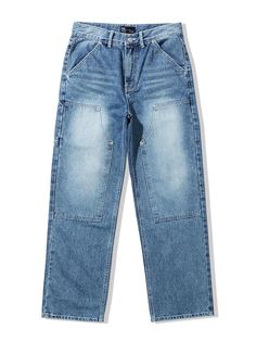 This is a comfortable and casual denim pants that are made out of high quality cotton 100% denim fabric. With design detail of straight silhouette, vintage wahsed fabric, and double knee detail on the front, it gives a trendy and relaxed look.- Straight silhouette- 13 oz denim fabric with USA Ring yarn- Washing processed vintage fabric- Double knee detail on the front Vintage Straight Leg Cargo Jeans For Streetwear, Vintage Cargo Jeans With Patch Pockets For Streetwear, Urban Jeans With Patch Pockets For Streetwear, Straight Leg Light Wash Cargo Jeans For Streetwear, Medium Wash Cotton Flare Jeans For Streetwear, Cotton Medium Wash Flare Jeans For Streetwear, Washed Cotton Flare Jeans For Streetwear, Denim Blue Cotton Flare Jeans For Streetwear, Cotton Flare Jeans In Denim Blue For Streetwear