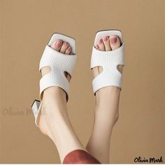 Olivia Mark - Womens White Leather Peep-Toe High Heel Sandals with Chunky Heel - Stylish Half-Sandals for Outdoor Wear Square Head, Beach Shoes, Outdoor Wear, Special Price, Chunky Heel, Heel Sandals, High Heel Sandals, Chunky Heels, Platform Sandals