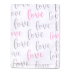 two baby swaddles with the words love on them in pink and grey letters