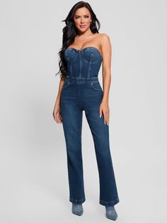 Stretch-denim jumpsuit Dark indigo wash with whiskering Sweetheart neckline with lightly padded cups Sleeveless Front pockets Back-zip closures 20" leg opening. 32" inseam. Measurement taken from a size 27. 99% Cotton, 1% Elastane Machine wash Dark Indigo, Denim Jumpsuit, Sweetheart Neckline, Stretch Denim, Jumpsuit Dress, Jumpsuit Romper, Dress Outfits, Jumpsuit, Rompers