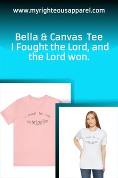 a woman wearing a pink t - shirt and jeans with the words, i fought the lord