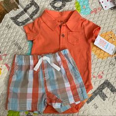 Baby Carter’s Burnt Orange Polo Onesie And Plaid Shorts New With Tags. 6m 6 Months Orange Cotton Playtime Sets, Orange Playtime Sets For Summer, Summer Playtime Orange Sets, Orange Summer Playtime Sets, Orange Cotton Bottoms For Playwear, Casual Orange Playtime Sets, Shorts Romper Outfit, Son Clothes, Toddler Girl Summer