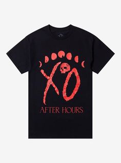 Get ready to vibe with The Weeknd in this After Hours (2020) tee! Featuring a bold red "XO" graphic with a skull and moon phases  this shirt captures the haunting aesthetic of the smash album. The deep black background makes the design pop.100% cottonWash cold; dry lowImportedListed in men'sunisex sizes Haunting Aesthetic, The Weeknd After Hours, Weeknd After Hours, Pop 100, Hip Hop Tee, Location Icon, The Haunting, Music Tees, Concert Shirts