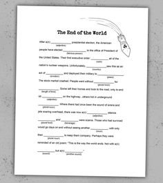 "\"The End of the World\" is a Mad Libs-style fill-in-the-blank word game that's perfect for office parties, game nights, or Halloween parties. It's also a fun classroom activity! Fill in the out-of-context blanks of the story with your friends, family, or coworkers and read the answers aloud when you're done to hilarious effect. If you're looking for a funny word game created by a professional game designer, this is the game for you! It's sure to entertain kids, teens, and adults alike! With this purchase, you'll receive a PDF digital download to print and play at your leisure. File is standard 8.5 x 11 in. format. To play, you'll need 2+ people, including 1 person to record everyone else's answers and then read the completed game aloud once all answers have been filled in." Mad Libs For Adults, Funny Mad Libs, Stock Market Crash, Fun Classroom Activities, Mad Libs, Substitute Teacher, The End Of The World, Zoom Call, Emergency Room