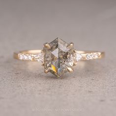 salt and pepper diamond Dark Engagement Ring Unique, Hexagon Engagement Ring, Cute Engagement Rings, Future Engagement Rings, Hexagon Diamond, Unique Diamond Rings, Unique Diamonds, Rose Cut Diamond, Vintage Diamond