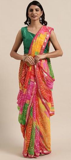 Multicolor color Saree in Georgette fabric with Bandhej, Gota Patti work Fusion Style Multicolor Dupatta For Diwali, Multicolor Fusion Dupatta For Diwali, Fusion Multicolor Dupatta For Diwali, Fusion Style Multicolor Saree For Diwali, Multicolor Fusion Saree For Diwali, Multicolor Fusion Style Dupatta For Festivals, Fusion Style Multicolor Saree For Navratri, Multicolor Fusion Style Dupatta With Pallu, Fusion Style Multicolor Dupatta For Festivals