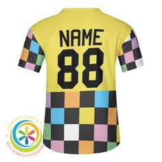 Get ready to knock it out of the park in our Funky Checkered Unisex Baseball Jersey! Bold, bright, and oh so funky, this jersey will elevate your team's style and guarantee a win. A must-have for any team looking to stand out and have fun on the field. We create funky & fun! Personalized with your Team's name, player's number and name! 100% Polyester material for men's baseball shirts Available sizes: S-4XL suitable for unisex wear Lightweight and soft fabric with short sleeves 5 Buttons closure Varsity Jersey With Sublimation Print For College, Varsity Jersey With Sublimation Print, Varsity Jersey With Sublimation Design For Team Events, Varsity Jersey For Team Events With Sublimation Design, Varsity Jersey With Sublimation Print For Sports Events, Sporty Team-colored Baseball Jersey With Team Name, Graphic Print Jersey For Football Game Day, Casual Team-colored Jersey With Team Name, Casual Team-colored College Jersey