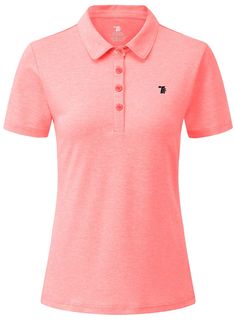 a women's pink polo shirt with the letter t on it and a black logo