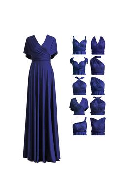 a woman in a long purple dress is shown with different angles to fit her body