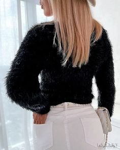 Lasaky - Fuzzy Drawstring Long Sleeve Knit Sweater Casual Crew Neck Sweater For Party, Trendy Knitted Sweater For Party, Trendy Knitted Party Sweater, Knit Cardigan For Party In Fall, Knit Cardigan For Fall Parties, Knitted Tops For Winter Parties, Casual Long Sleeve Party Sweater, Fall Party Knit Cardigan, Winter Party Knitted Tops