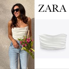 Strapless Crop Top. Draped Fabric. Side Hidden In-Seam Zip Closure. Nice Thick Quality Material That Is Not See Through. Super Comfortable Outer Shell 100% Polyester Lining 100% Polyester Top Strapless, Strapless Crop Top, Zara White, Draped Fabric, Zara Tops, White Top, Tube Top, Crop Top, Zara