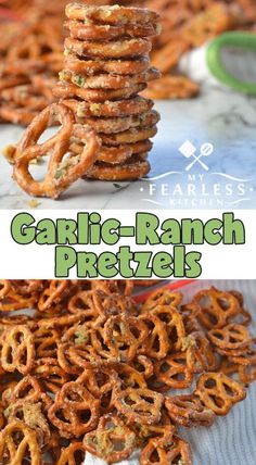 some very tasty looking pretzels stacked on top of each other with the words garli ranch pretzels