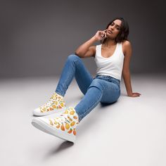 Made for comfort and ease, these "Vintage Lemon" Women's Slip-On high top Canvas Shoes are unique, stylish and the ideal piece for completing an outfit. Equipped with removable soft insoles and rubber outsoles, it's also easy to adjust them for a better fit. * 100% polyester canvas upper side * Ethylene-vinyl acetate (EVA) rubber outsole * Breathable lining, soft insole * Faux leather toe cap * Padded collar, lace-up front Please message me with any questions you may have! *RETURNS & REFUNDS* Pl Spring Casual Ankle-high High-top Sneakers, Casual Ankle-high High-top Sneakers For Spring, Casual Spring Ankle-high High-top Sneakers, Retro High-top Custom Sneakers, Casual Ankle-high High-top Sneakers, Comfortable High-top Sneakers For Spring, Trendy High-top Canvas Shoes With Gum Sole, Casual Ankle-high High-top Sneakers With White Sole, Casual High-top Sneakers With Gum Sole