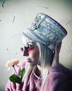 Ready to ship, super fun holographic top hat with unique pink heart centerpiece and the sweetest pastel pinks, white and silver. It's a showstopper! -size L (fantastic for over your wigs!) -ready to ship -holographic top! -the sweetest pale pink tones on silver and white -one of a kind (we can make something similar, in the same vein/style, but never something identical because we like to keep our creations unique and perfect just for YOU!) *Please include your hat size or head circumference mea Pink Bohemian Cap, Handmade Pink Hats For Festivals, Adjustable High Crown Silver Hat, Adjustable Silver High Crown Hat, Bohemian Pink Bucket Hat, Bohemian Silver Hat For Festivals, Silver Bohemian Hat For Festival, Unique Spring Festival Hats, Bedazzled Hat