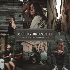 a collage of photos with the words moody brunette on them and people walking around