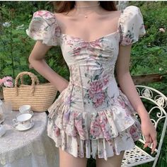 Puff Sleeve Floral Mini Dress Puff Sleeve Dress Fairy, Floral Lace Dresses Short, Princess Corset Dress Casual, Short Etheral Dresses, Short Fairycore Dresses, Princess Cottagecore, Puff Sleeve Floral Dress, Japanese Style Fashion, Dress Corset