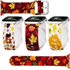 three apple watch bands with autumn leaves on them, one is red and the other is white