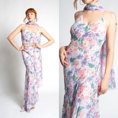 Vintage 2000s Dress / Y2K Diane Freis Floral Asymmetrical Dress / Purple ( M L ) ~T H E R U N D O W N~ Modern Size: M/L Materials: Polyester chiffon Condition: Excellent vintage condition, deadstock with original tags attached Brand: Diane Freis ~F U L L D E T A I L S~ From our exclusive deadstock Diane Freis collection! These came directly from the designer's vintage backstock and have been untouched for the last 30 years! Stunning Y2K-era dress done in purple and pink floral printed poly-chiff Fitted Spring Dress With Bias Cut, Fitted Bias Cut Dress For Spring, Fitted Asymmetrical Floral Print Maxi Dress, Fitted Asymmetrical Maxi Dress With Floral Print, 2000s Dress, Diane Freis, Dress Y2k, Y2k Era, Vintage 2000s