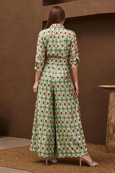 Green jumpsuit with geometric print and metal applique embroidered on torso and sleeves. Paired with embroidered belt. - Aza Fashions Papa Don't Preach, Eid Party, Jumpsuit For Women, Embroidered Belt, Print Jumpsuit, Jumpsuit Pattern, Green Jumpsuit, Luxury Sale, Printed Jumpsuit