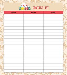 a printable sign up sheet with the words contact list