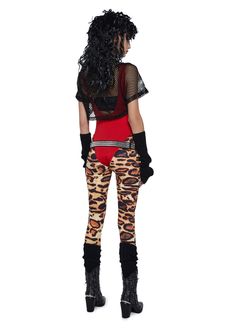 for going back to the '80s! This costume set has a stretchy jersey and sheer fishnet construction. Includes a cropped bandeau top, a short sleeve cropped tee, a unitard, leopard-printed leggings, a vegan leather belt, arm warmers, leg warmers, a spiked choker necklace, and a mullet wig. Trendy Fitted Fishnet Crop Top, Stretch Mesh Edgy Crop Top, Edgy Stretch Mesh Crop Top, Fitted Mesh Punk Bottoms, Fitted Mesh Bottoms For Alternative Fashion, Mesh Bottoms For Alternative Fashion, Trendy Crop Top For Concert, Trendy Stretch Crop Top For Concerts, Poison Costume