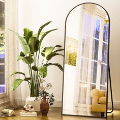 a large mirror sitting on top of a wooden floor next to a potted plant