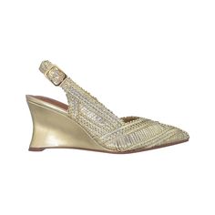 For a sophisticated day-to-night look, this glow-up wedge is a runway favorite. Crafted from metallic weave, features a pointy toe, an adjustable sling back strap and then set on a sculpted wedge. Cushioned memory foam ensures comfort. In platino glossy soft genuine leather, 2.75' heel..Wedge heel.2.75' glossy genuine leather covered heel.Adjustable buckle strap closure.Cushioned memory foam insole.TPR outsole.Pointy toe.Upper Material - Textile and Faux Suede, Lining - Jersey Fabric, Trim - Stitched.Spot Clean.Imported Spring Evening Wedge Sandals With 4-inch Heel, Pointed Toe Wedge Sandals With Heel Strap For Party, Spring Party Slingback Wedge Heel Pumps, Luxury Evening Wedge Sandals For Spring, Synthetic Slingback Wedge Sandals For Party, Party Slingback Wedge Sandals In Synthetic, Gold Wedge Heel Sandals For Evening, Formal Slingback Platform Wedge Sandals, Formal Platform Slingback Wedge Sandals