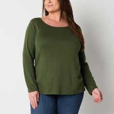 This St. John's Bay long-sleeve t-shirt from its adaptive women's plus collection is designed with specific features and sensory-friendly details to aid with easier on-and-off dressing, such as flat seams, a wide hem and neck, plus a tag-free design. This tee is made from 100% cotton and comes complete with a crew neckline.Features: Flat Seams, Essentials, AdaptiveClosure Type: Pullover HeadFit: Regular FitNeckline: Crew NeckSleeve Length: Long SleeveApparel Length: 29 InchesFiber Content: 100% Green Stretch Plain Tops, Basic Solid Color Tops For Fall, Basic Solid Tops For Fall, Basic Scoop Neck T-shirt For Fall, Solid Relaxed Fit Tops With Scoop Neck, Fall Basic Scoop Neck T-shirt, Relaxed Fit Scoop Neck T-shirt For Fall, Cotton Scoop Neck Solid Color Tops, Fall Scoop Neck T-shirt With Relaxed Fit