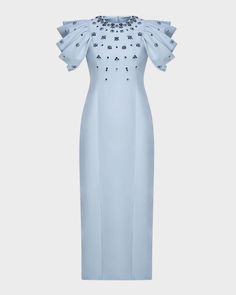 Huishan Zhang Damia Crystal Draped Short-Sleeve Gown | Neiman Marcus Puff Sleeve Gown, Huishan Zhang, Cape Gown, Draped Sleeves, Drape Gowns, Halter Gown, Drape Sleeves, Long Sleeve Evening Dresses, Long Sleeve Gown