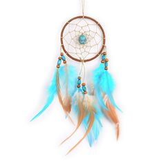 a blue and brown dream catcher with feathers